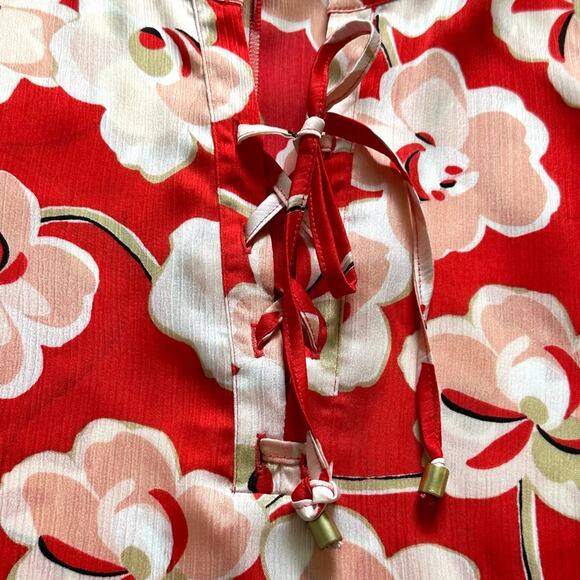 Rafaella Blouse Red Floral Tie Front Rolled Tab Sleeve Blouse Top Medium NEW - Picture 10 of 15